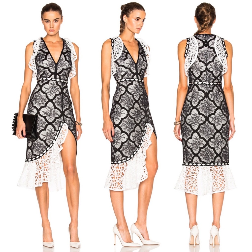 Alexis Emily Black and White Lace Ruffle Cap Sleeve Midi Dress with Side Slit XS - Picture 1 of 16